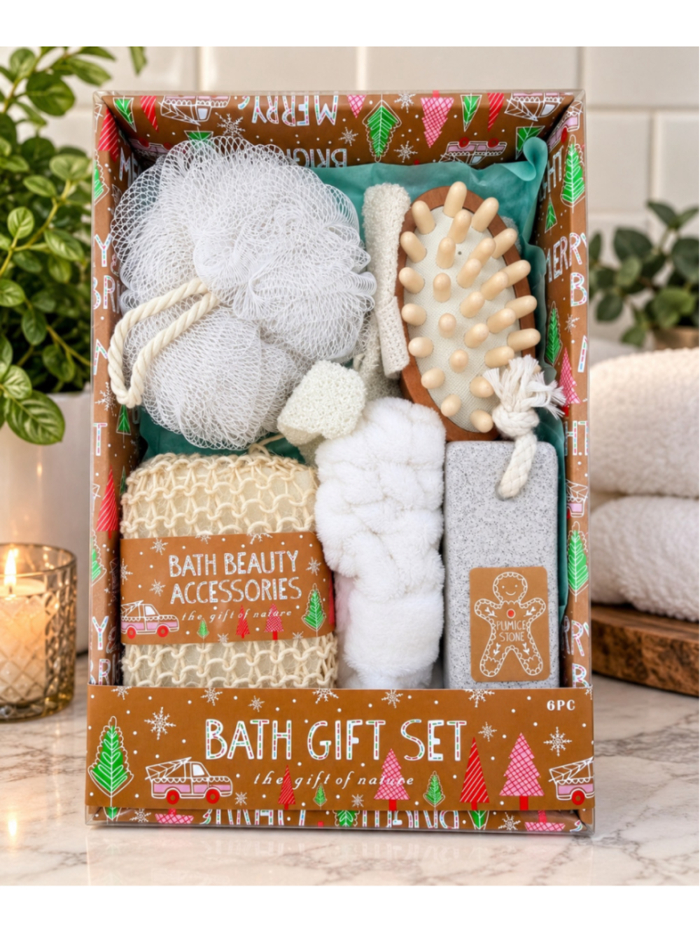 6 Pc Bath Gift Set Spa Beauty Accessories Pumice Massage Brush Loofah NEW